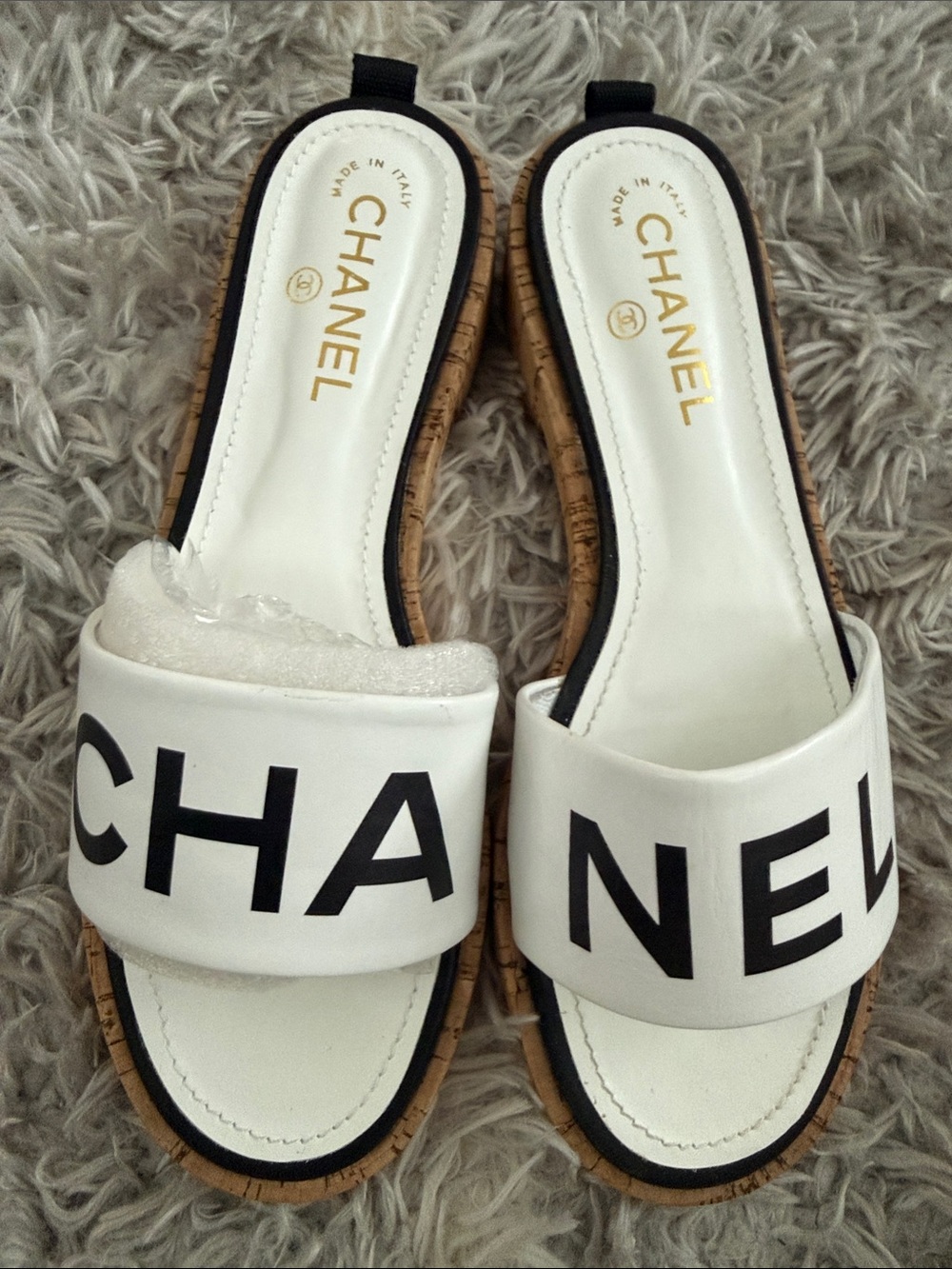 CHANEL White and Black Logo Slide Mules